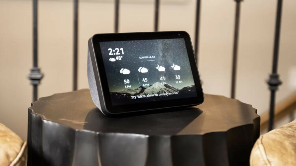 an amazon echo show on a small table