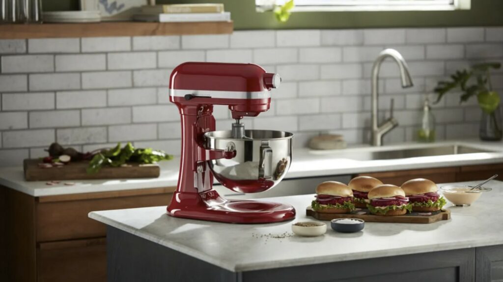 a red kitchen aid mixer is on a kitchen island counter
