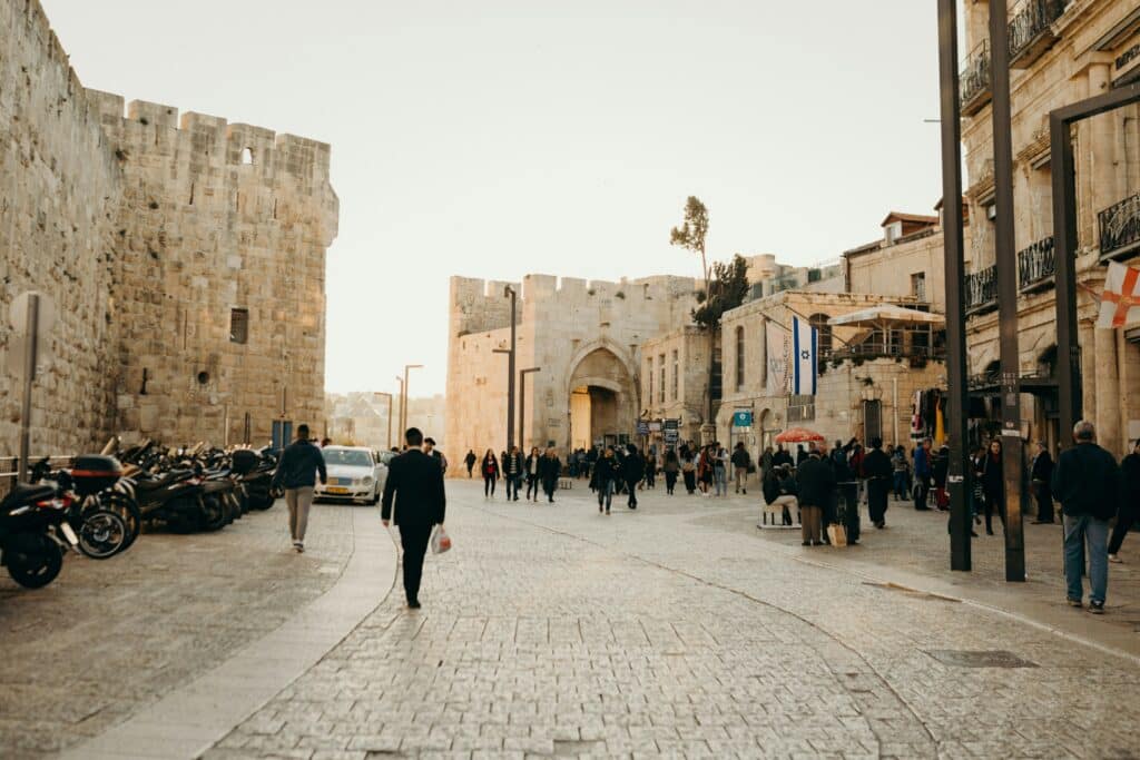 Busy streets in an old part of what is now called Israel.