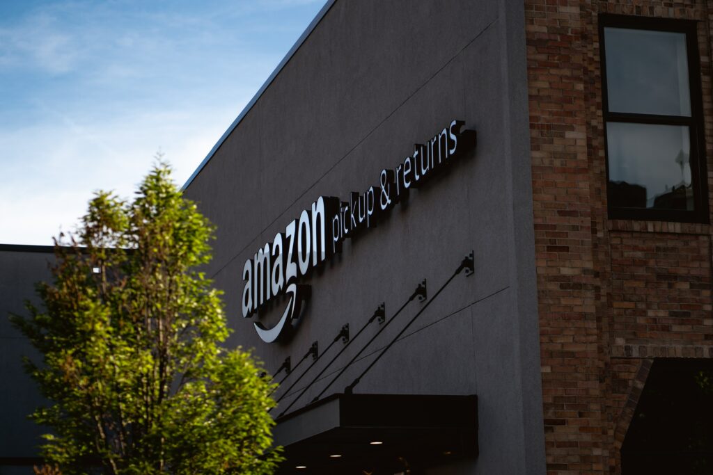 Exterior of Amazon pick up and returns warehouse.