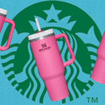 Starbucks Stanley Cups floating in front of the Starbucks logo.