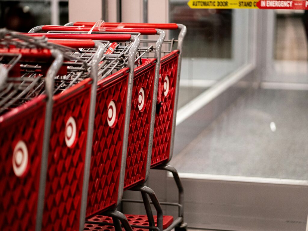 A row of Target shopping carts.