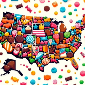 American candy in a graphic shaped like a map of USA.