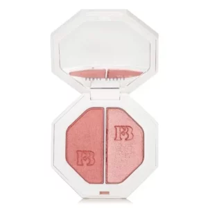 Fenty Beauty Germany highlighter on display in a white compact with a mirror. There are two sides, each a shade of pink. The background is white.