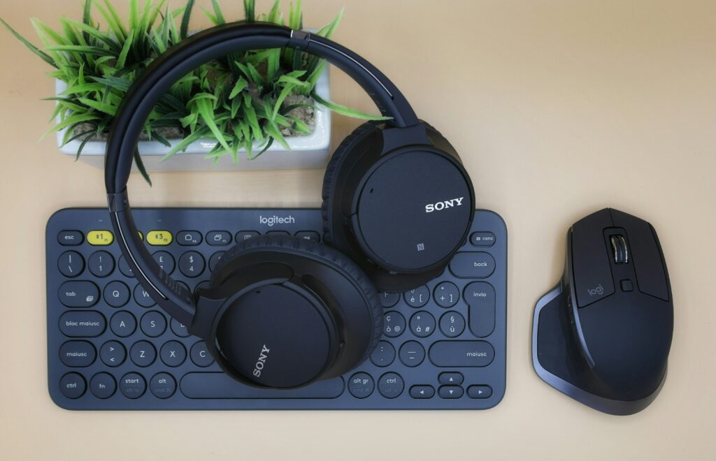 Headphones, a keyboard, and a mouse are on a desk near a plant. These objects are examples of what you can access from Best Buy France.