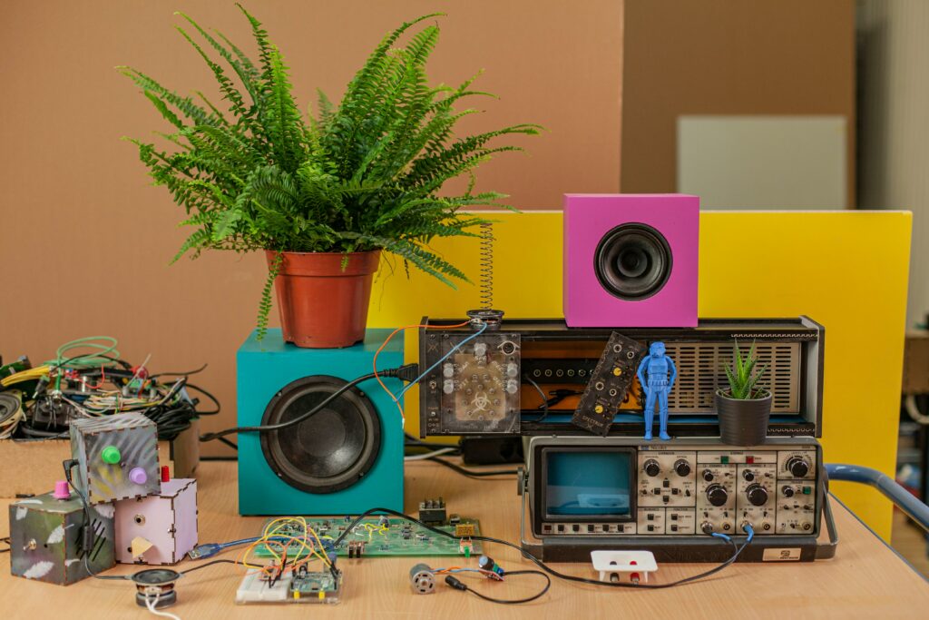 Best Buy France speakers and headphones soundsystem is stacked with some plants.