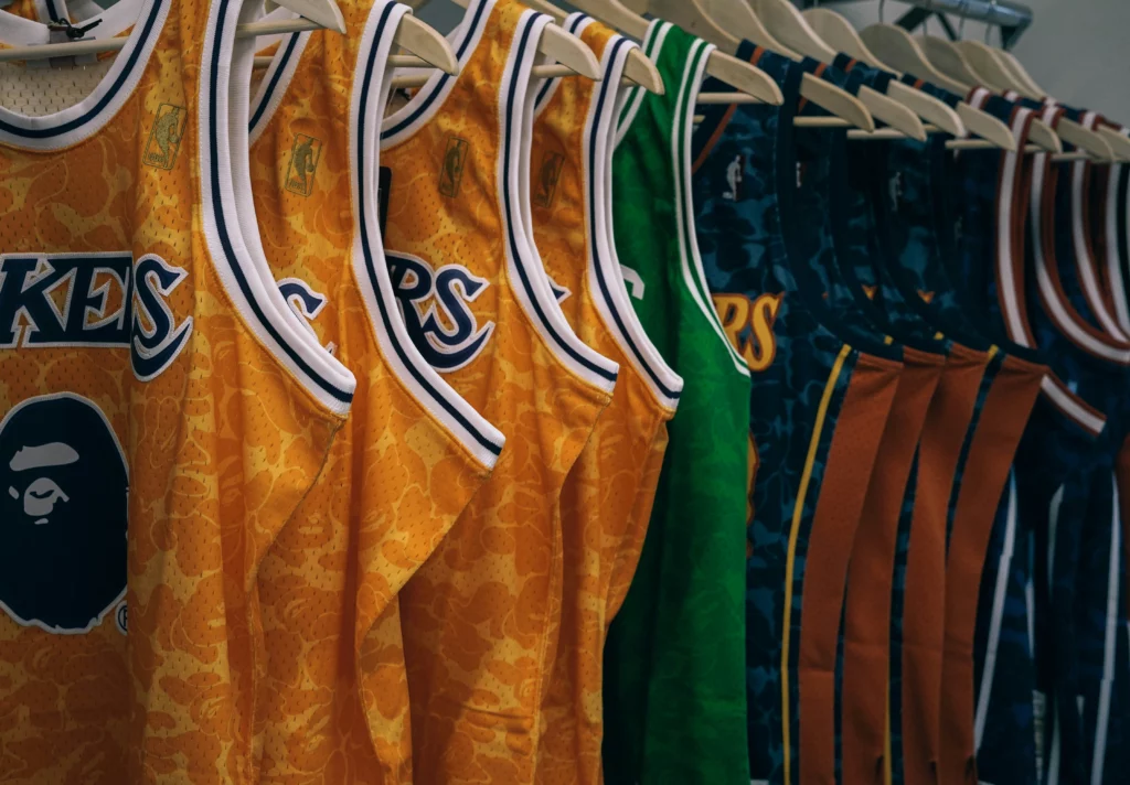 Lakers jerseys on a rack. Jerseys are great American gift ideas.