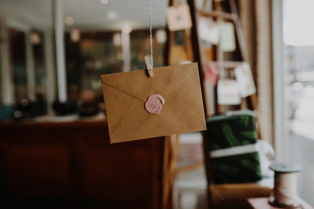 A vintage style letter has been crafted with a wax seal and hung to dry.
